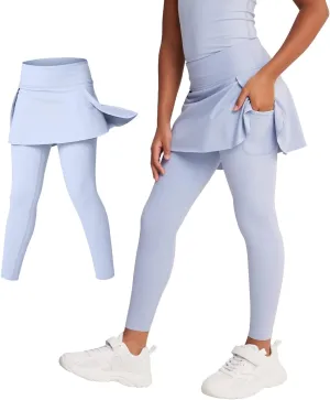 Girls Skirted Leggings with Pockets Athletic Tennis Skorts Stretchy Kids Yoga Pants with Ruffle Skirt