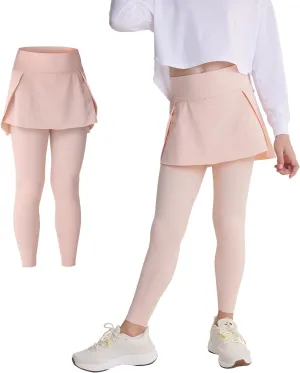 Girls Skirted Leggings with Pockets Athletic Tennis Skorts Stretchy Kids Yoga Pants with Ruffle Skirt