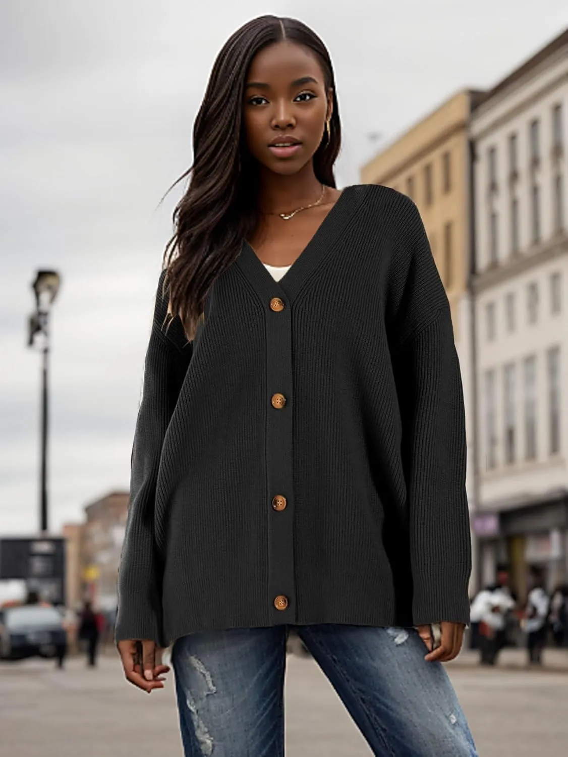 GOLDSTITCH Women's Cardigan 2025 Open Front Oversized Button V Neck Loose Cardigans Knit Outwear