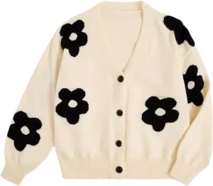 GORGLITTER Women's Floral Button Down Knit Cardigan Sweaters Flower Long Sleeve V Neck Cardigans