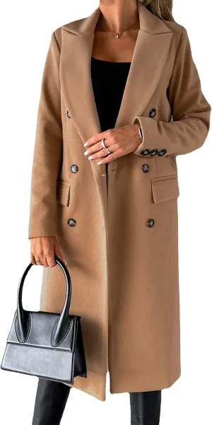 GORIFE Women's Double Breasted Long Coats Lapel Collar Winter Pea Coat Trench Slim Fit Jackets Coat Outwear