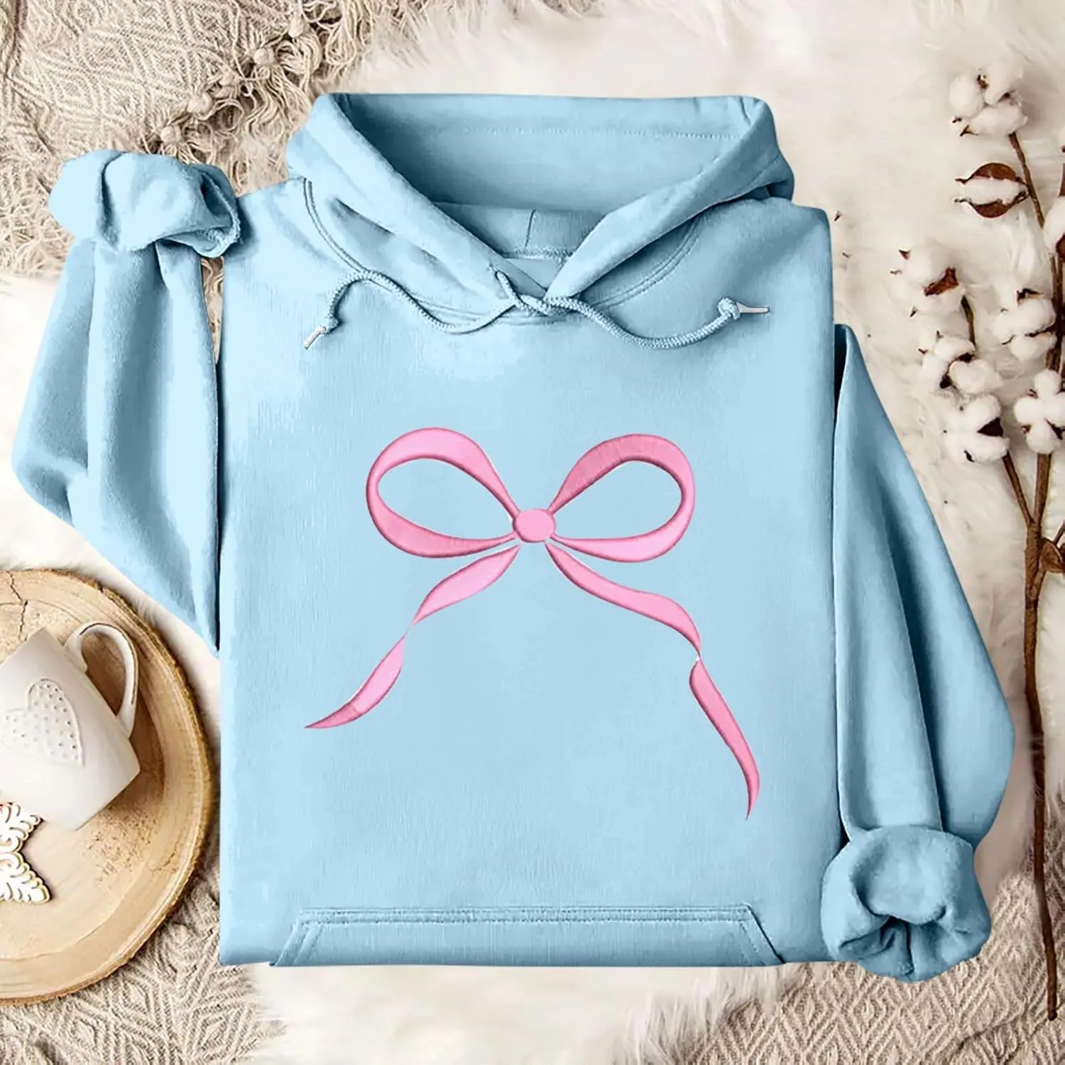 Gumipy Oversized Hoodies for Women Fleece Lined Bow Graphic Hoodies Sweatshirts Y2K Drawstring Long Sleeve Hoodies Pullover