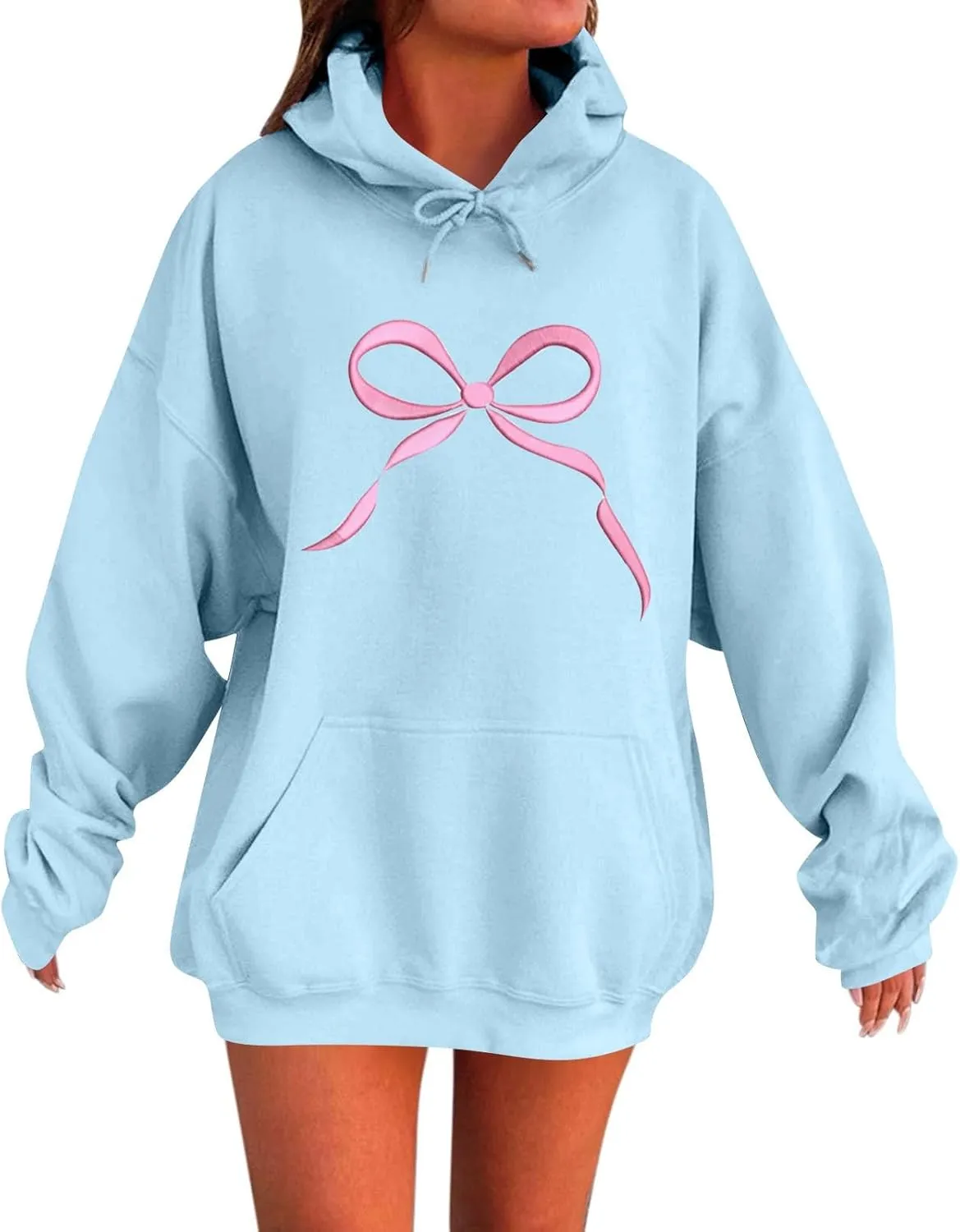 Gumipy Oversized Hoodies for Women Fleece Lined Bow Graphic Hoodies Sweatshirts Y2K Drawstring Long Sleeve Hoodies Pullover