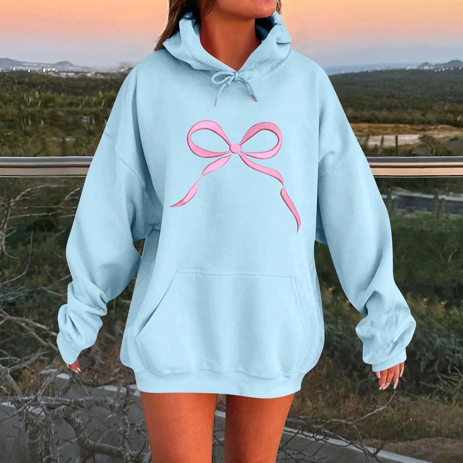 Gumipy Oversized Hoodies for Women Fleece Lined Bow Graphic Hoodies Sweatshirts Y2K Drawstring Long Sleeve Hoodies Pullover