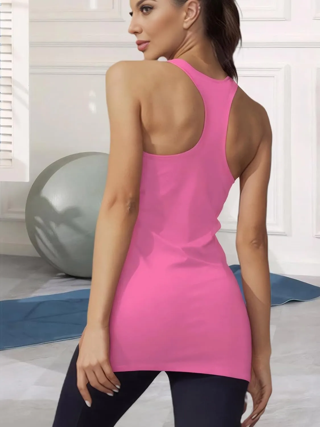 H HIAMIGOS Racerback Long Tank Tops for Women Stretchy Cotton Sleeveless Undershirts Gym Workout Sports Shirts 3 Packs