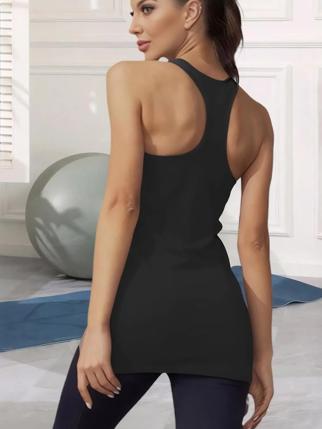 H HIAMIGOS Racerback Long Tank Tops for Women Stretchy Cotton Sleeveless Undershirts Gym Workout Sports Shirts 3 Packs