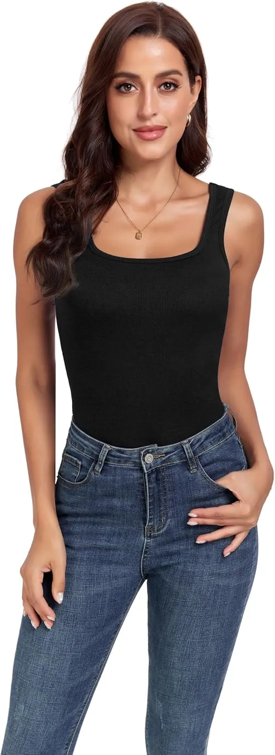H HIAMIGOS Ribbed Square Neck Tops for Women Sleeveless Long Camisole Layering Undershirts 3Packs