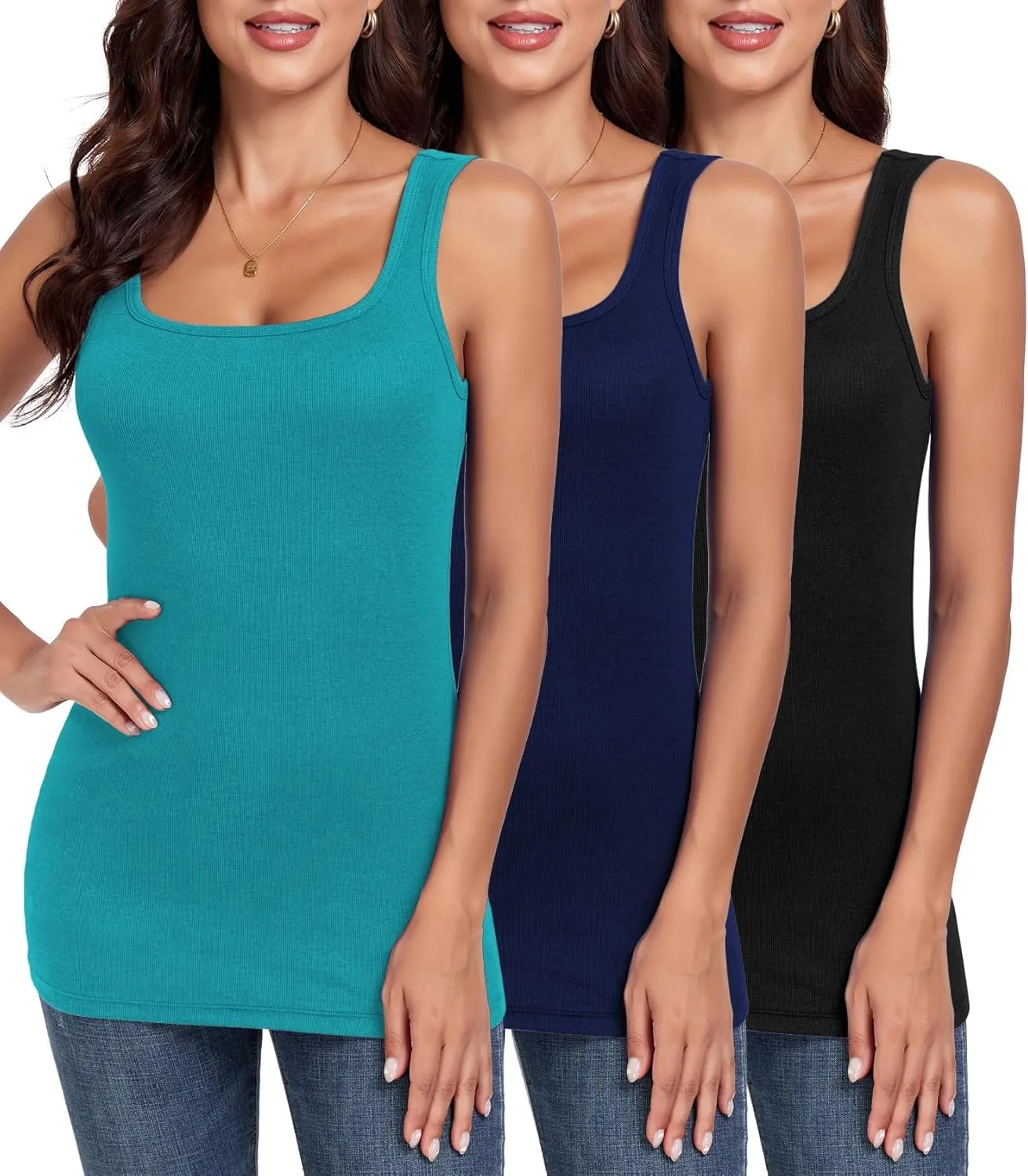 H HIAMIGOS Ribbed Square Neck Tops for Women Sleeveless Long Camisole Layering Undershirts 3Packs