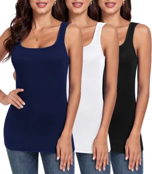 H HIAMIGOS Ribbed Square Neck Tops for Women Sleeveless Long Camisole Layering Undershirts 3Packs