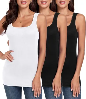 H HIAMIGOS Ribbed Square Neck Tops for Women Sleeveless Long Camisole Layering Undershirts 3Packs