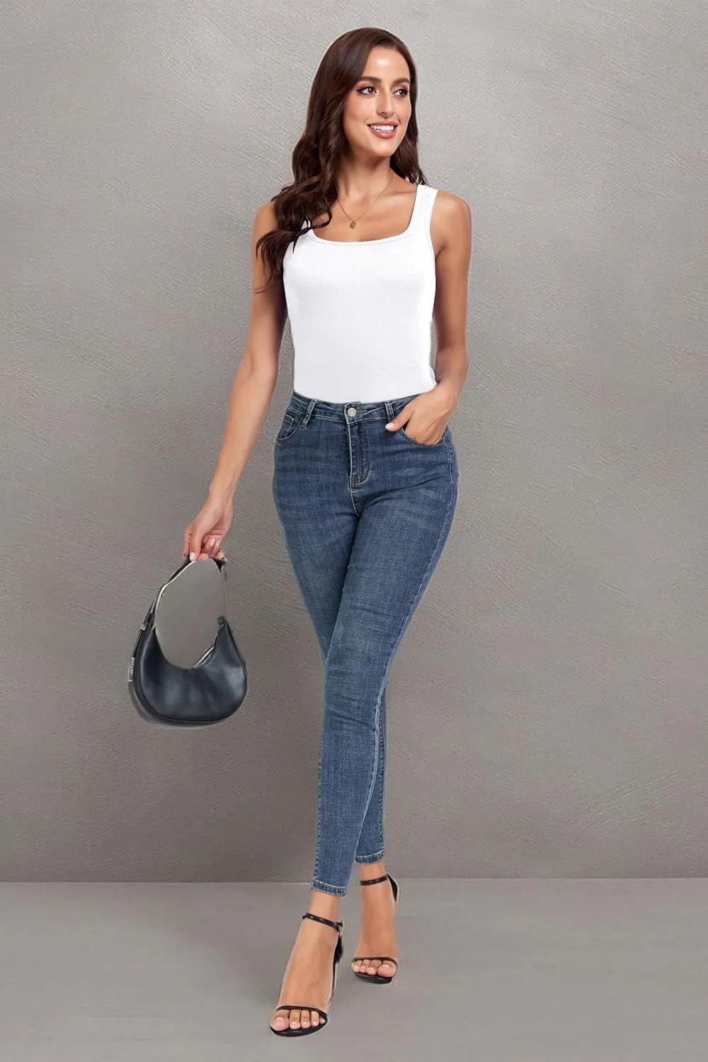 H HIAMIGOS Ribbed Square Neck Tops for Women Sleeveless Long Camisole Layering Undershirts 3Packs