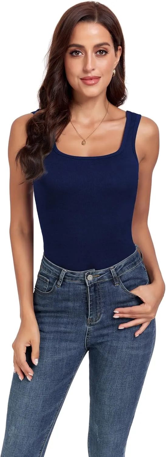 H HIAMIGOS Ribbed Square Neck Tops for Women Sleeveless Long Camisole Layering Undershirts 3Packs