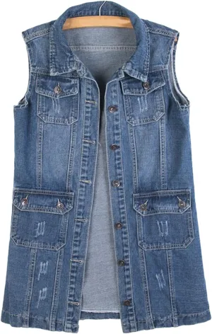 HALITOSS Women Button Down Mid Long Denim Jean Vest Waistcoat Sleeveless Jacket