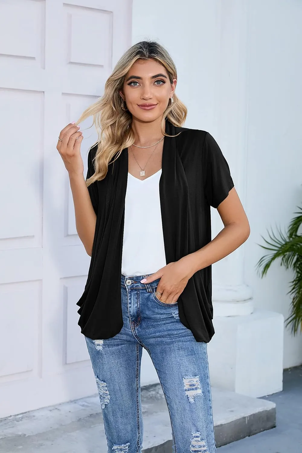 HIYIYEZI Open Front Cardigan Sweaters for Women with Pockets Lightweight Short Sleeve Ruffle Front Kimono Cardigan Duster