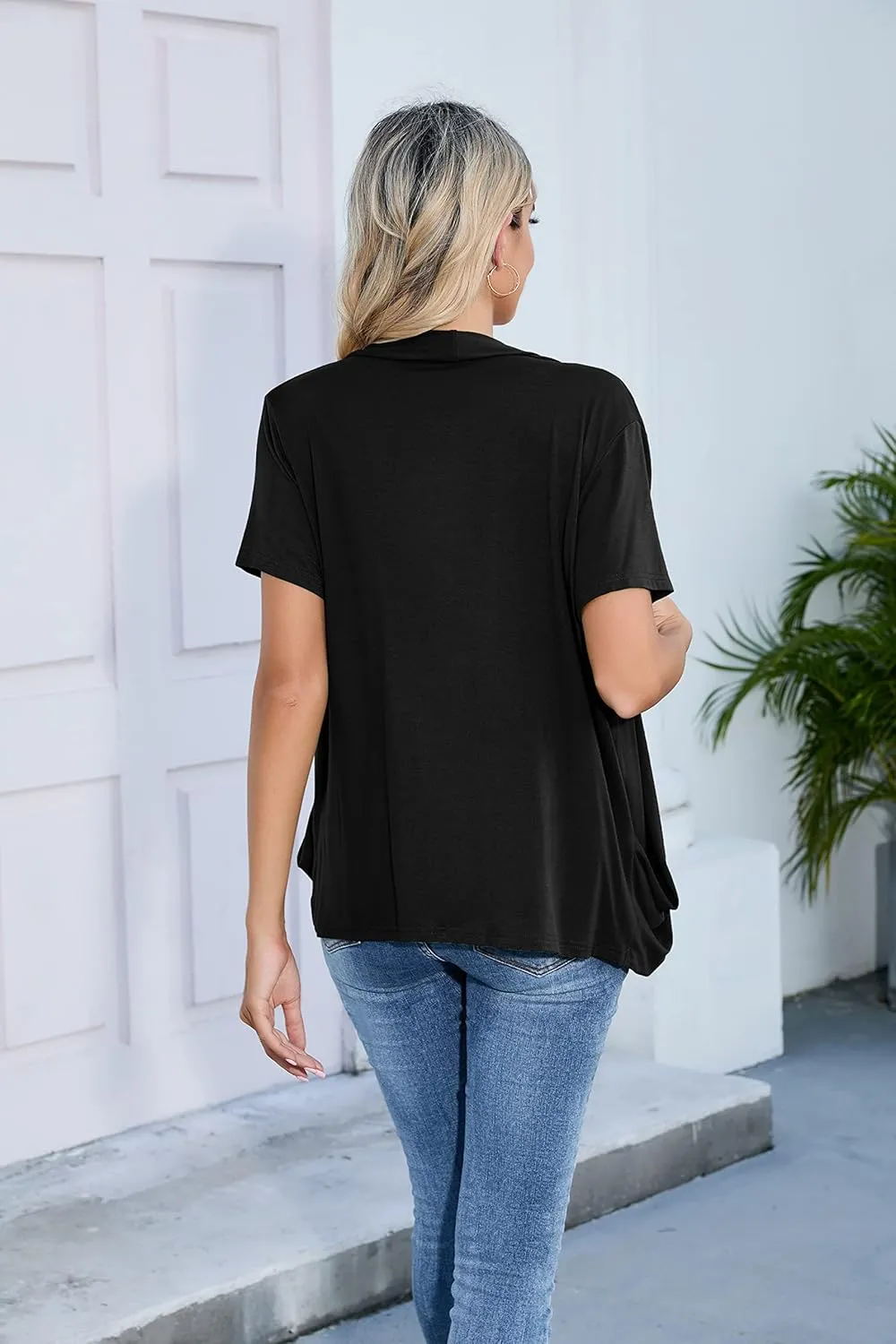 HIYIYEZI Open Front Cardigan Sweaters for Women with Pockets Lightweight Short Sleeve Ruffle Front Kimono Cardigan Duster