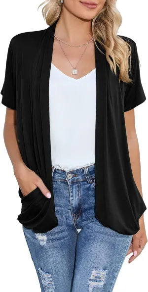 HIYIYEZI Open Front Cardigan Sweaters for Women with Pockets Lightweight Short Sleeve Ruffle Front Kimono Cardigan Duster