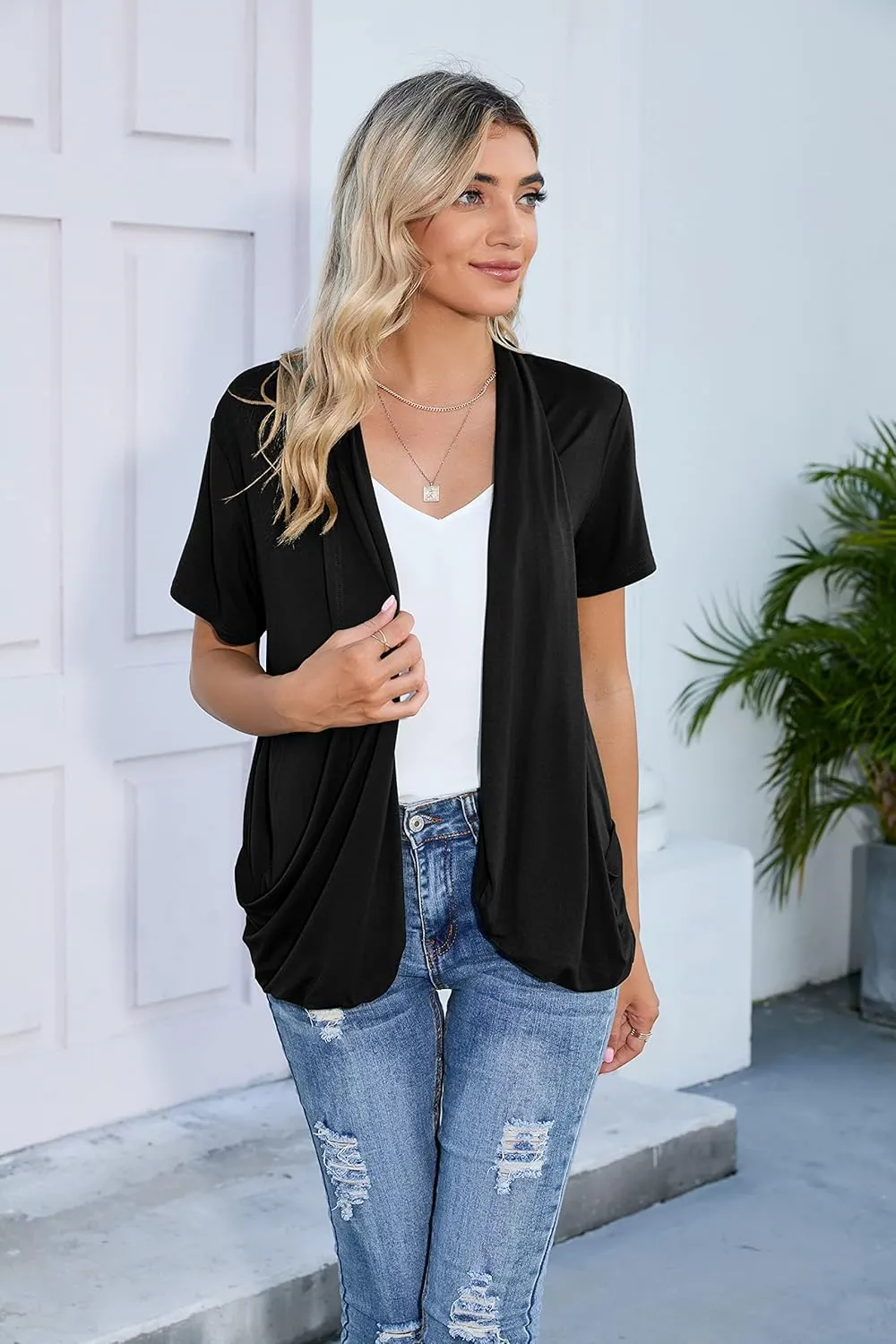 HIYIYEZI Open Front Cardigan Sweaters for Women with Pockets Lightweight Short Sleeve Ruffle Front Kimono Cardigan Duster
