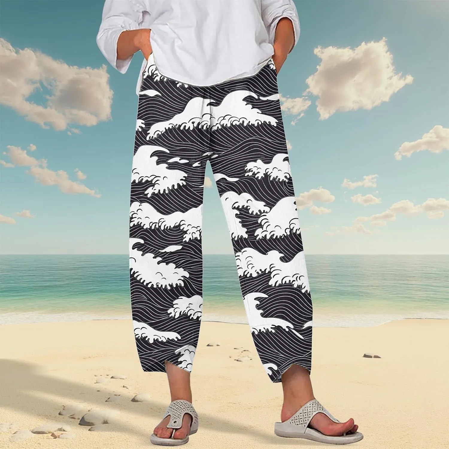 HOTYD Japanese Wige Leg Pants for Women Artist Linen Pants Womens Capri Pants Summer Baggy Cropped Trouser with Pockets