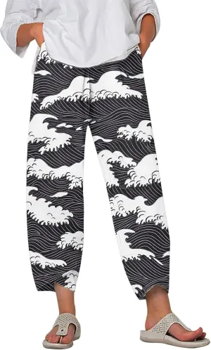 HOTYD Japanese Wige Leg Pants for Women Artist Linen Pants Womens Capri Pants Summer Baggy Cropped Trouser with Pockets