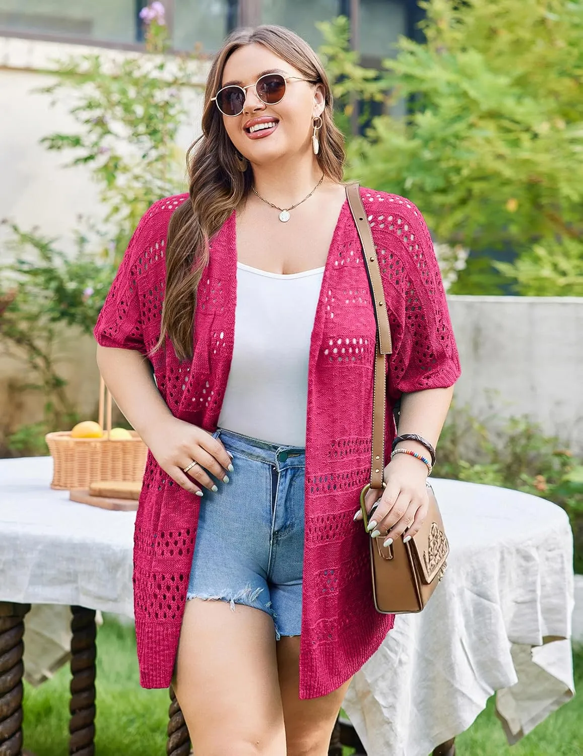 IN'VOLAND Plus Size Lightweight Crochet Cardigan for Women Short Sleeve Summer Kimonos Boho Open Front Knitted Cardigans