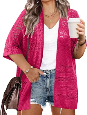 IN'VOLAND Plus Size Lightweight Crochet Cardigan for Women Short Sleeve Summer Kimonos Boho Open Front Knitted Cardigans