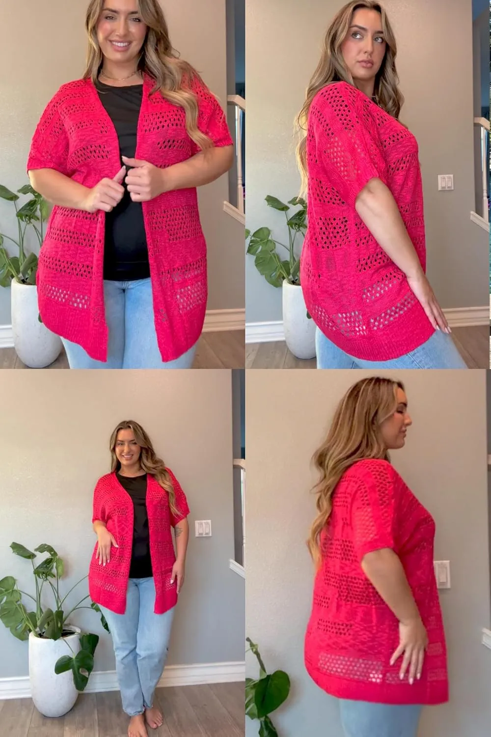 IN'VOLAND Plus Size Lightweight Crochet Cardigan for Women Short Sleeve Summer Kimonos Boho Open Front Knitted Cardigans