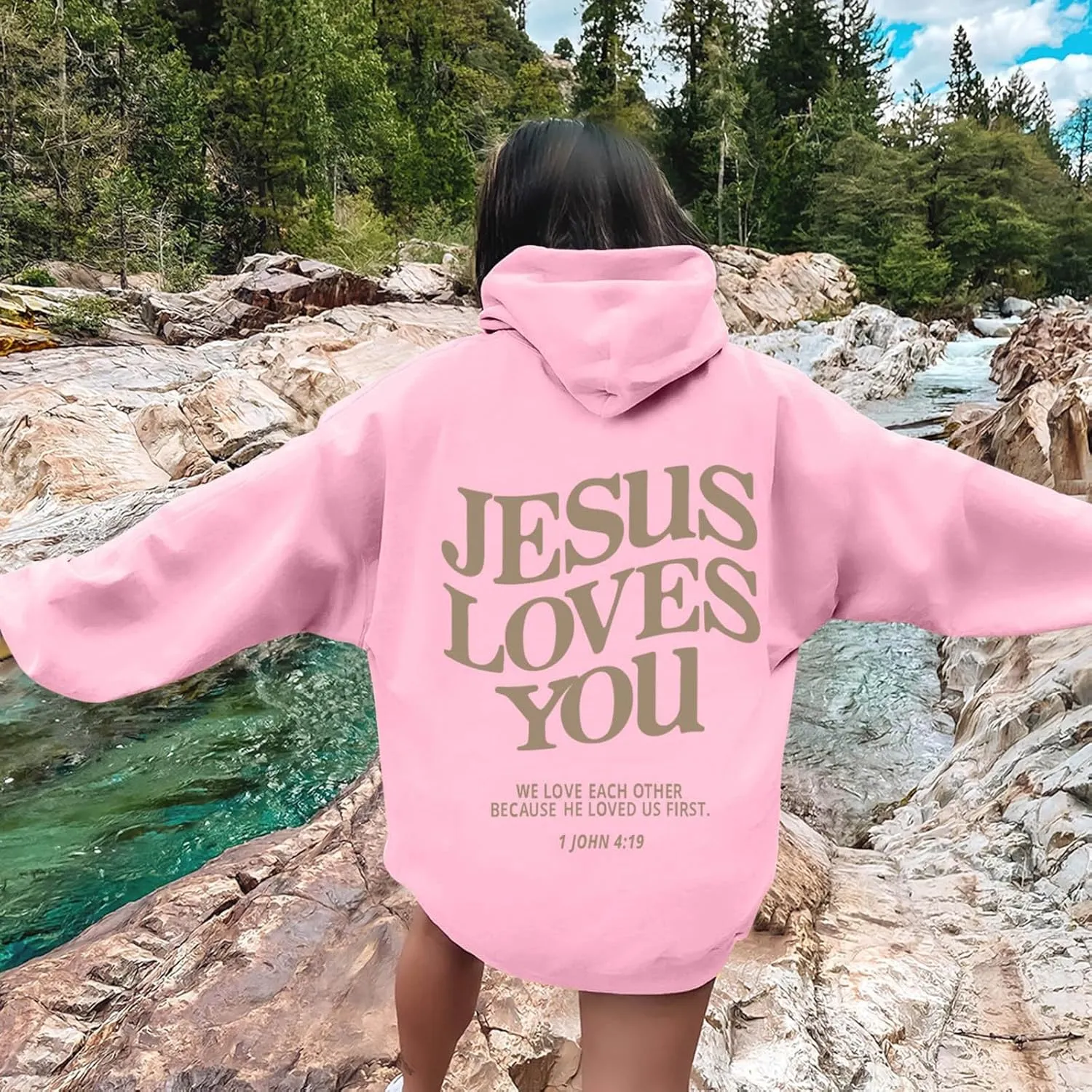 Jesus Loves You Hoodie, Preppy Hoodies for Women Letter Graphic Printed Sweatshirts with Pocket Comfy Fleece Pullover Tops