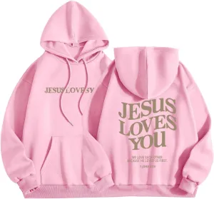 Jesus Loves You Hoodie, Preppy Hoodies for Women Letter Graphic Printed Sweatshirts with Pocket Comfy Fleece Pullover Tops