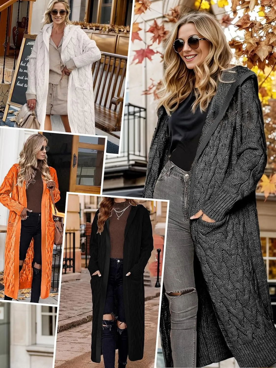 Lightweight Hooded Open Front Cardigan for Women Cable Knit Sweaters Pocketed Oversized Knee Length Long Coats