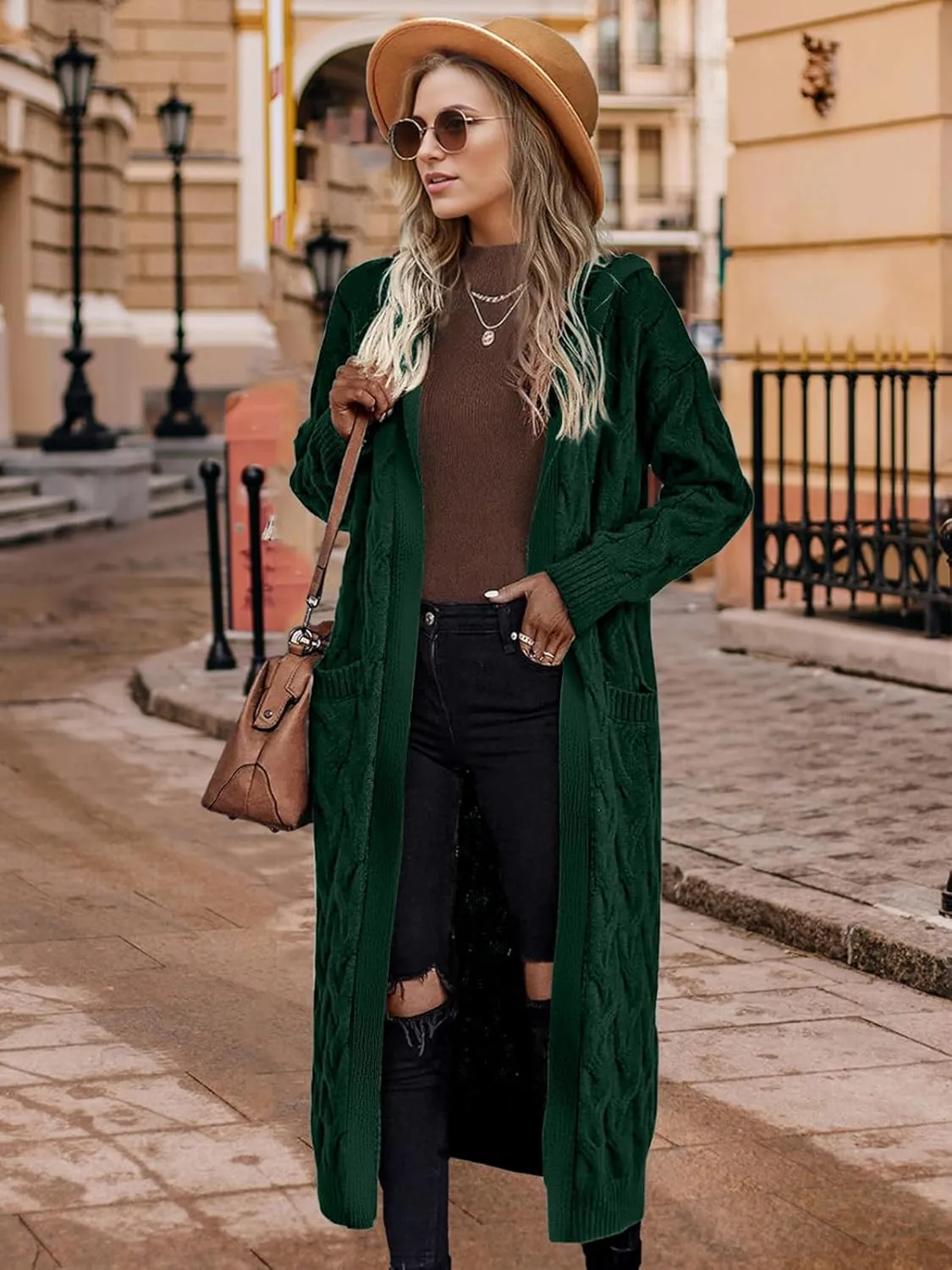 Lightweight Hooded Open Front Cardigan for Women Cable Knit Sweaters Pocketed Oversized Knee Length Long Coats