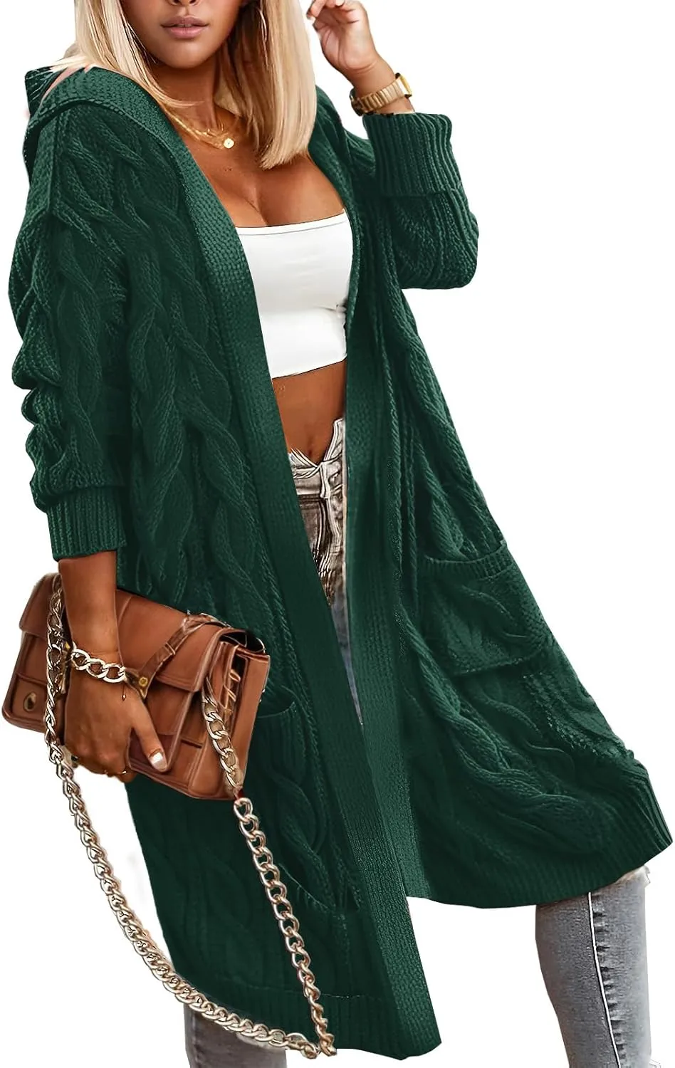 Lightweight Hooded Open Front Cardigan for Women Cable Knit Sweaters Pocketed Oversized Knee Length Long Coats