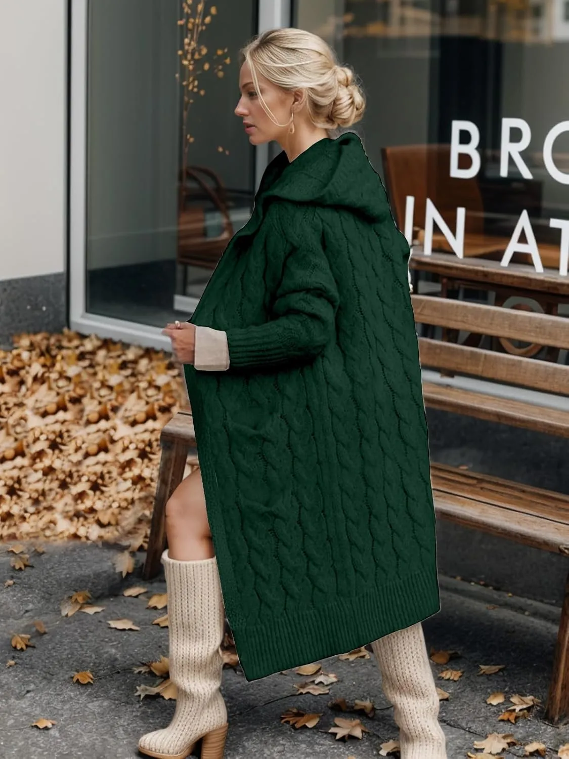 Lightweight Hooded Open Front Cardigan for Women Cable Knit Sweaters Pocketed Oversized Knee Length Long Coats