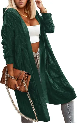Lightweight Hooded Open Front Cardigan for Women Cable Knit Sweaters Pocketed Oversized Knee Length Long Coats