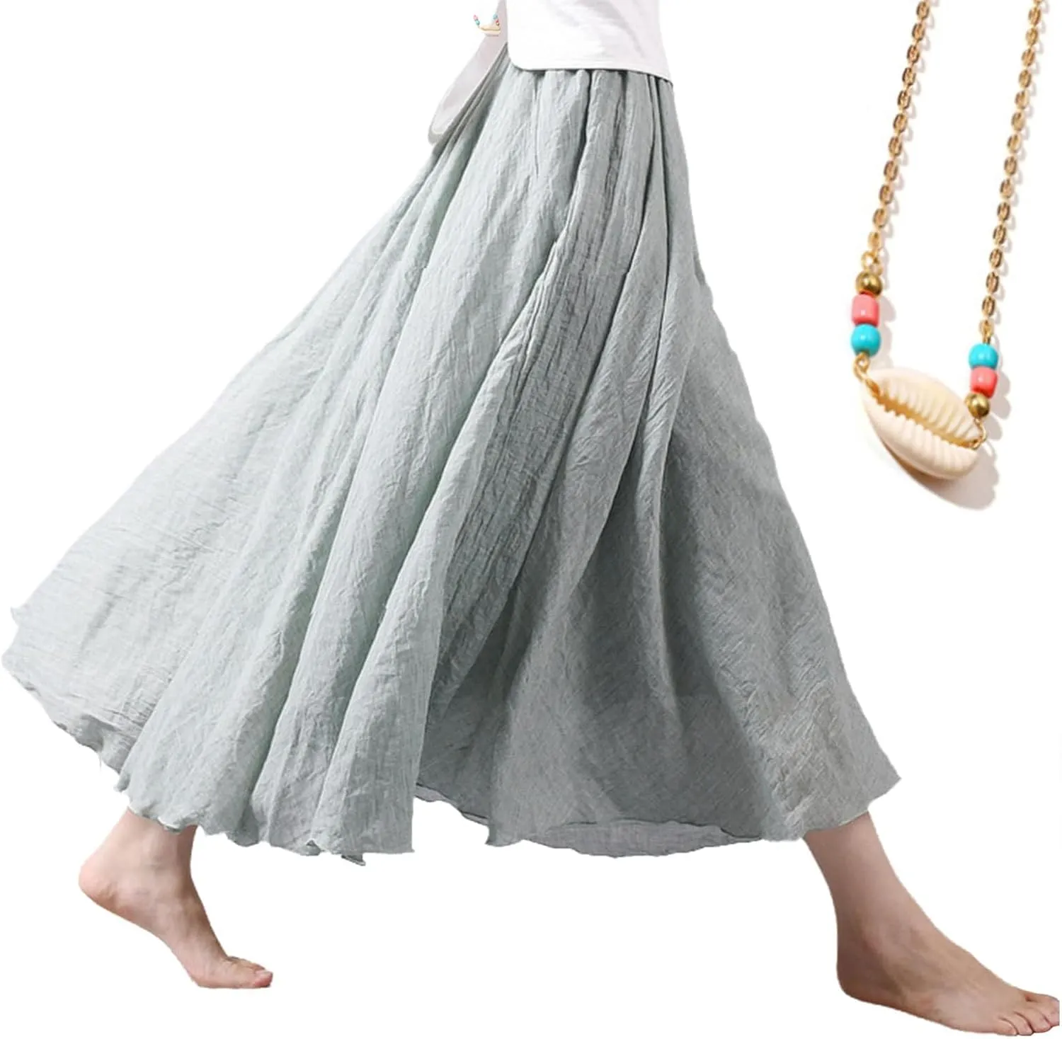 Linen Maxi Skirt, Women's Bohemian Style Elastic Waist Band Cotton Linen Long Maxi Skirt Dress, Linen Skirt (Small(85cm),Black)