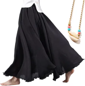 Linen Maxi Skirt, Women's Bohemian Style Elastic Waist Band Cotton Linen Long Maxi Skirt Dress, Linen Skirt (Small(85cm),Black)
