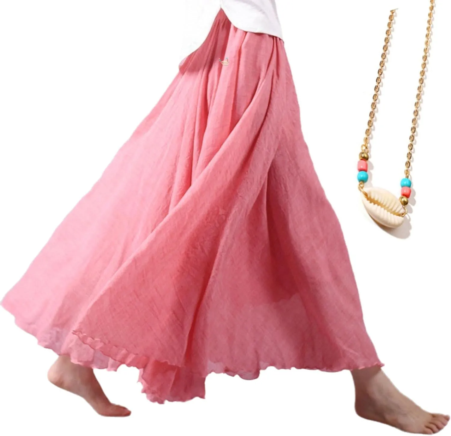 Linen Maxi Skirt, Women's Bohemian Style Elastic Waist Band Cotton Linen Long Maxi Skirt Dress, Linen Skirt (Small(85cm),Black)