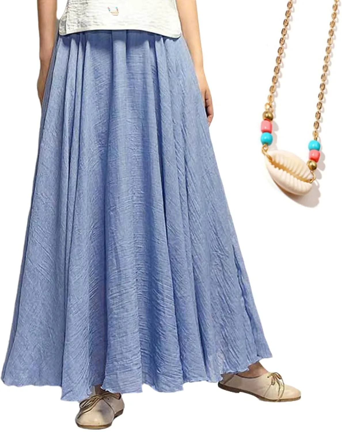 Linen Maxi Skirt, Women's Bohemian Style Elastic Waist Band Cotton Linen Long Maxi Skirt Dress, Linen Skirt (Small(85cm),Black)
