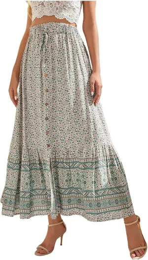 Linen Maxi Skirt, Women's Summer Bohemian Long Skirt, Cotton Elastic Waist Band Maxi Skirt, Button Front Slit