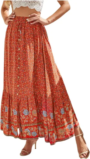 Linen Maxi Skirt, Women's Summer Bohemian Long Skirt, Cotton Elastic Waist Band Maxi Skirt, Button Front Slit