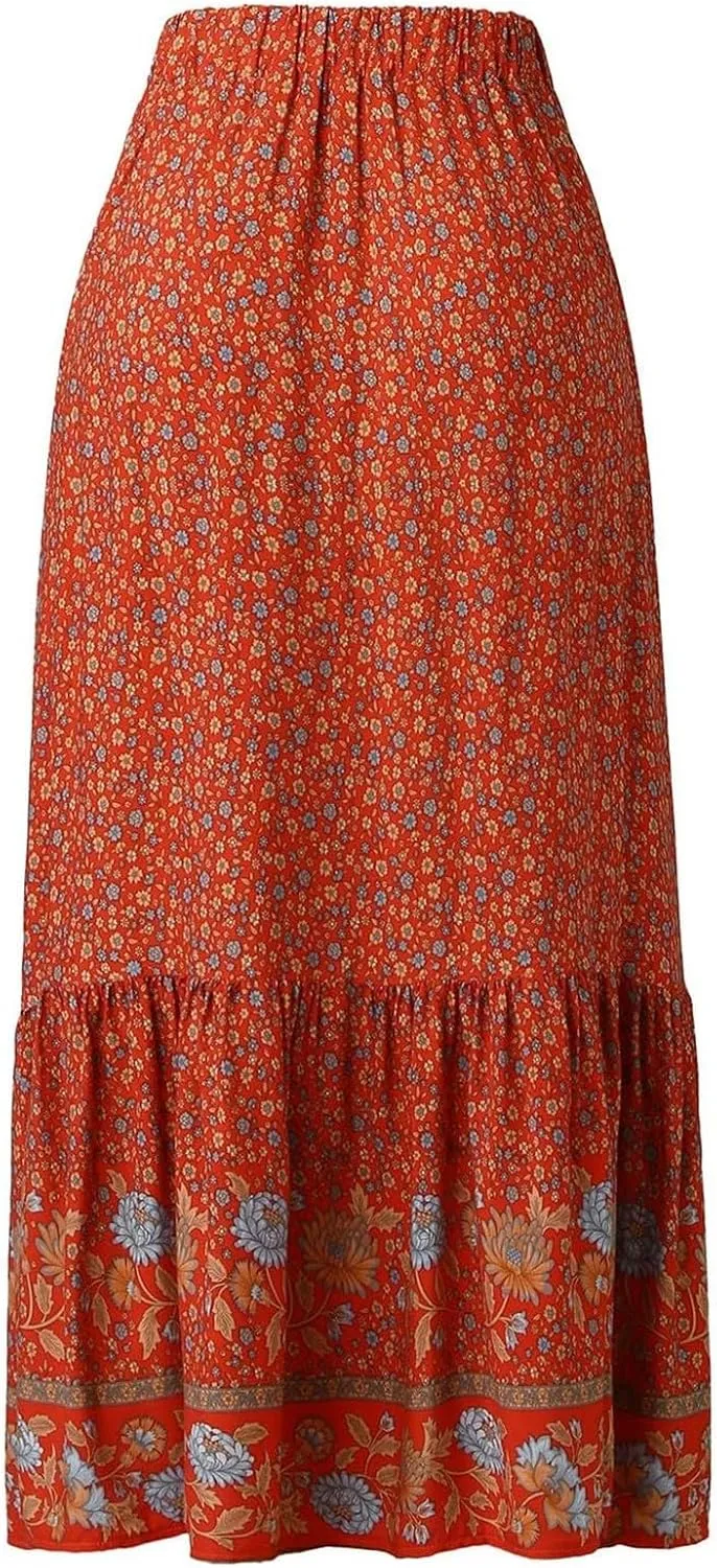 Linen Maxi Skirt, Women's Summer Bohemian Long Skirt, Cotton Elastic Waist Band Maxi Skirt, Button Front Slit
