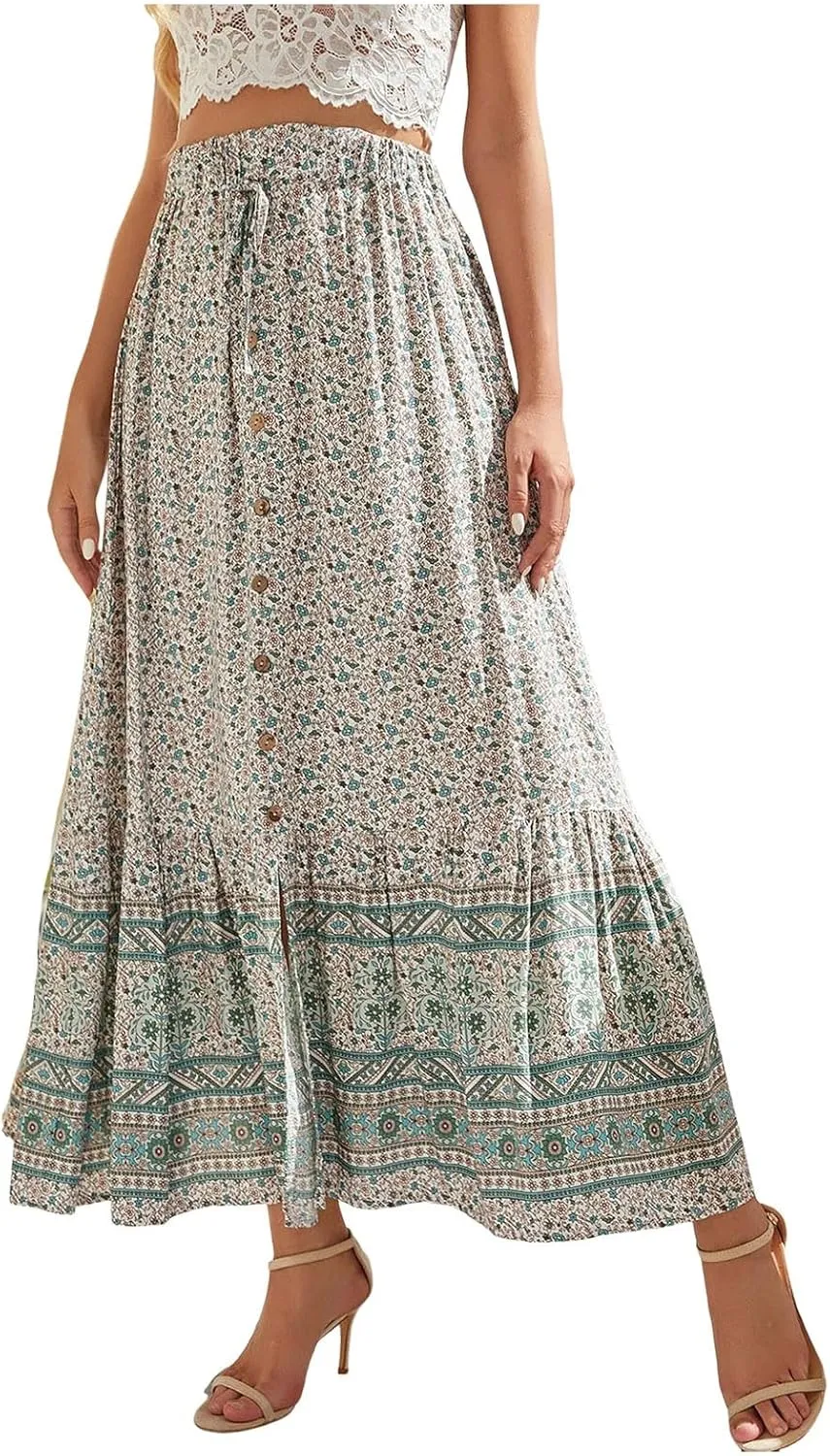 Linen Maxi Skirt, Women's Summer Bohemian Long Skirt, Cotton Elastic Waist Band Maxi Skirt, Button Front Slit