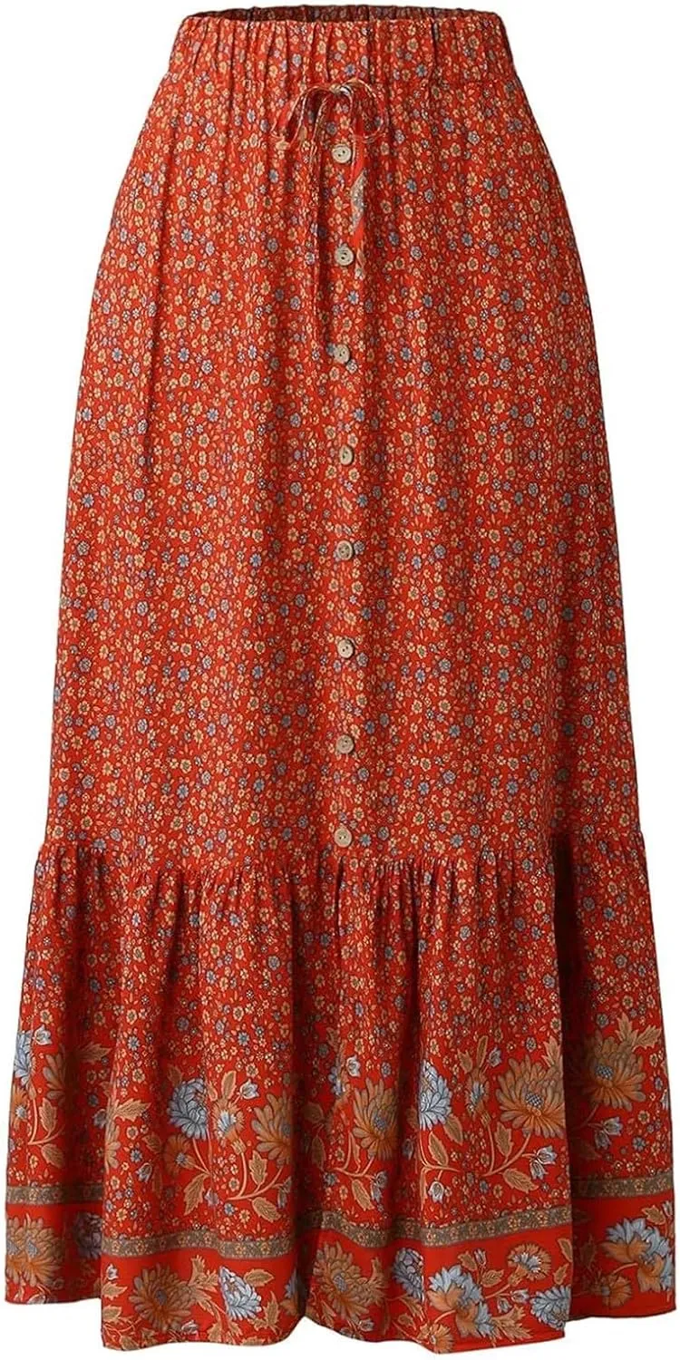 Linen Maxi Skirt, Women's Summer Bohemian Long Skirt, Cotton Elastic Waist Band Maxi Skirt, Button Front Slit