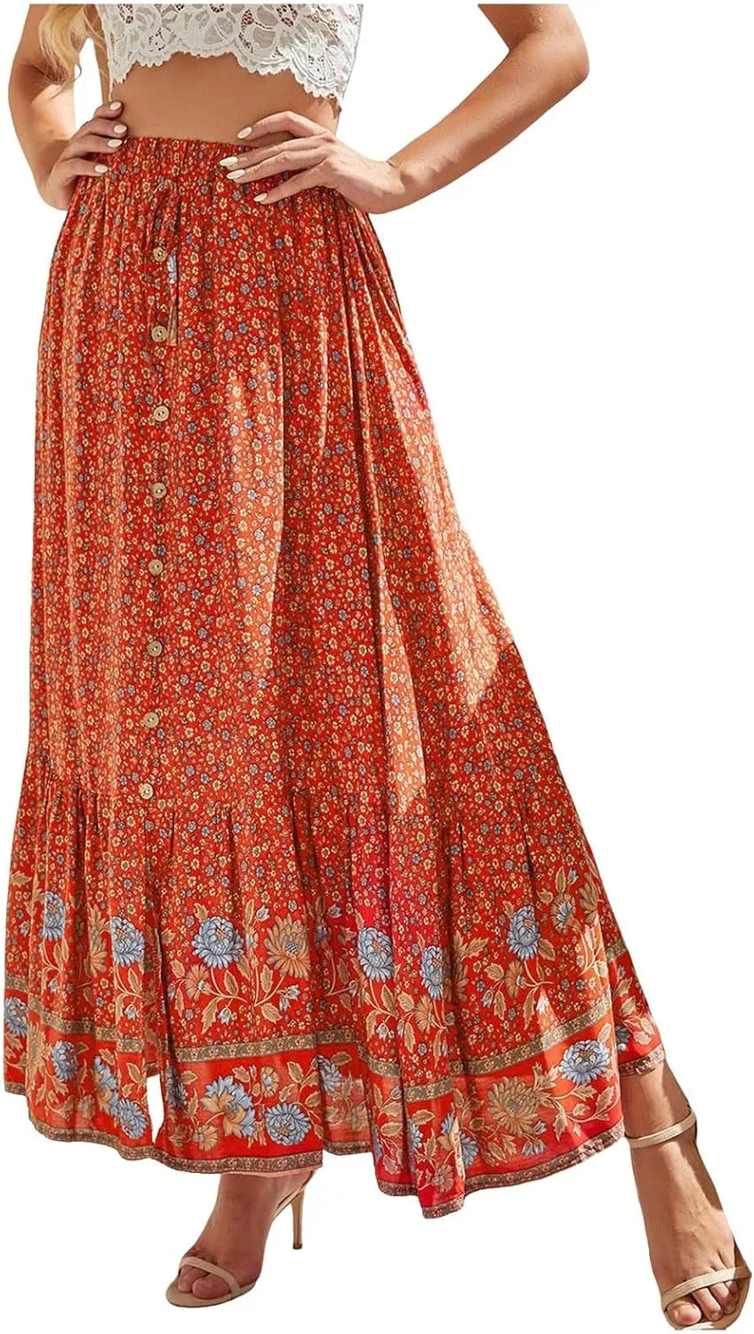 Linen Maxi Skirt, Women's Summer Bohemian Long Skirt, Cotton Elastic Waist Band Maxi Skirt, Button Front Slit