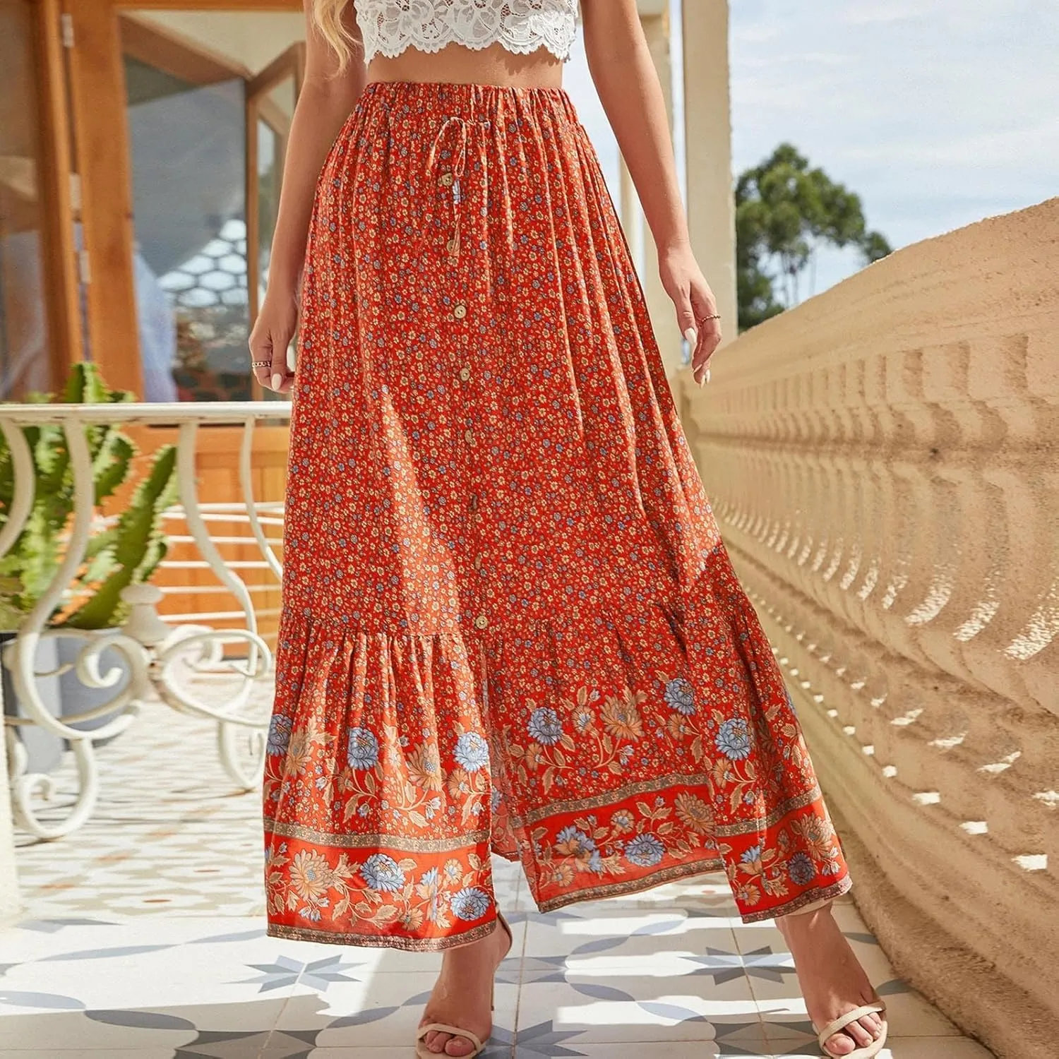 Linen Maxi Skirt, Women's Summer Bohemian Long Skirt, Cotton Elastic Waist Band Maxi Skirt, Button Front Slit