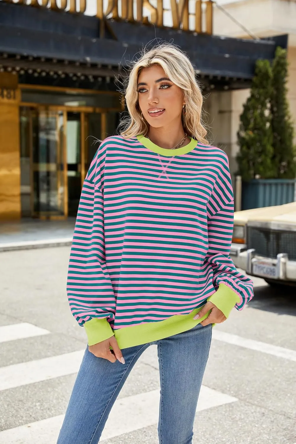 Lopie Women Sweatshirt Striped Long Sleeve Crew Neck Casual Loose Lightweight Comfy Pullover Shirt Tops