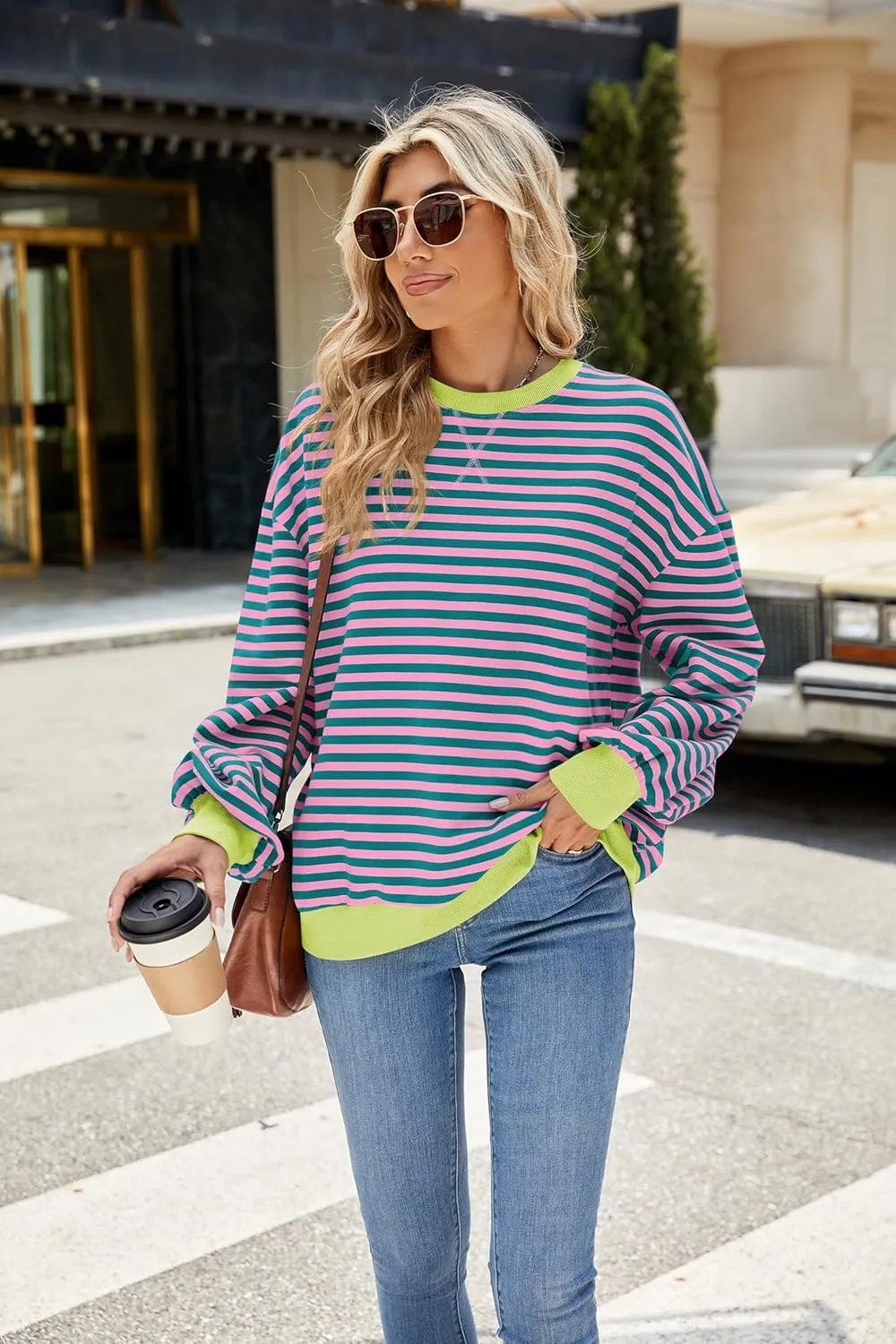 Lopie Women Sweatshirt Striped Long Sleeve Crew Neck Casual Loose Lightweight Comfy Pullover Shirt Tops