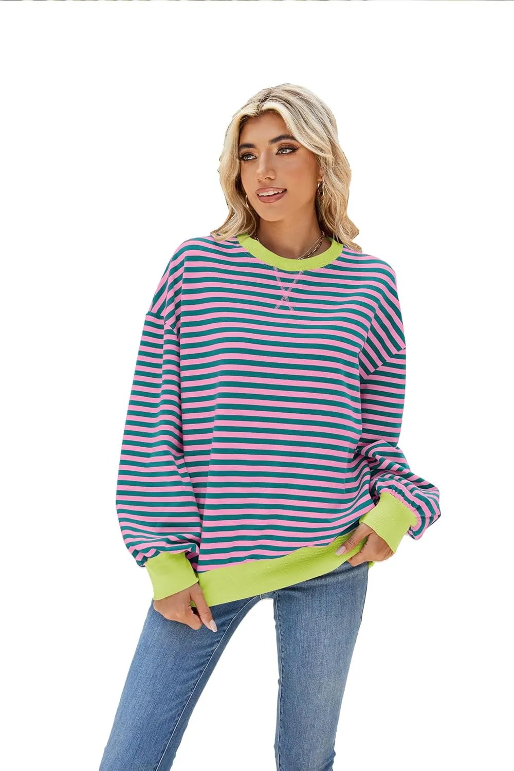Lopie Women Sweatshirt Striped Long Sleeve Crew Neck Casual Loose Lightweight Comfy Pullover Shirt Tops