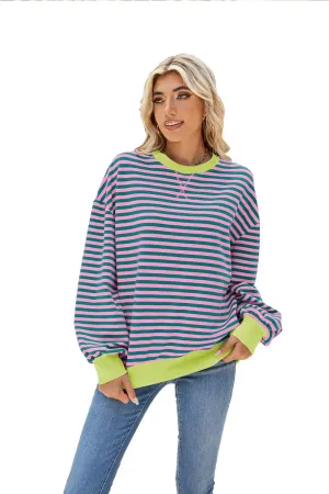Lopie Women Sweatshirt Striped Long Sleeve Crew Neck Casual Loose Lightweight Comfy Pullover Shirt Tops