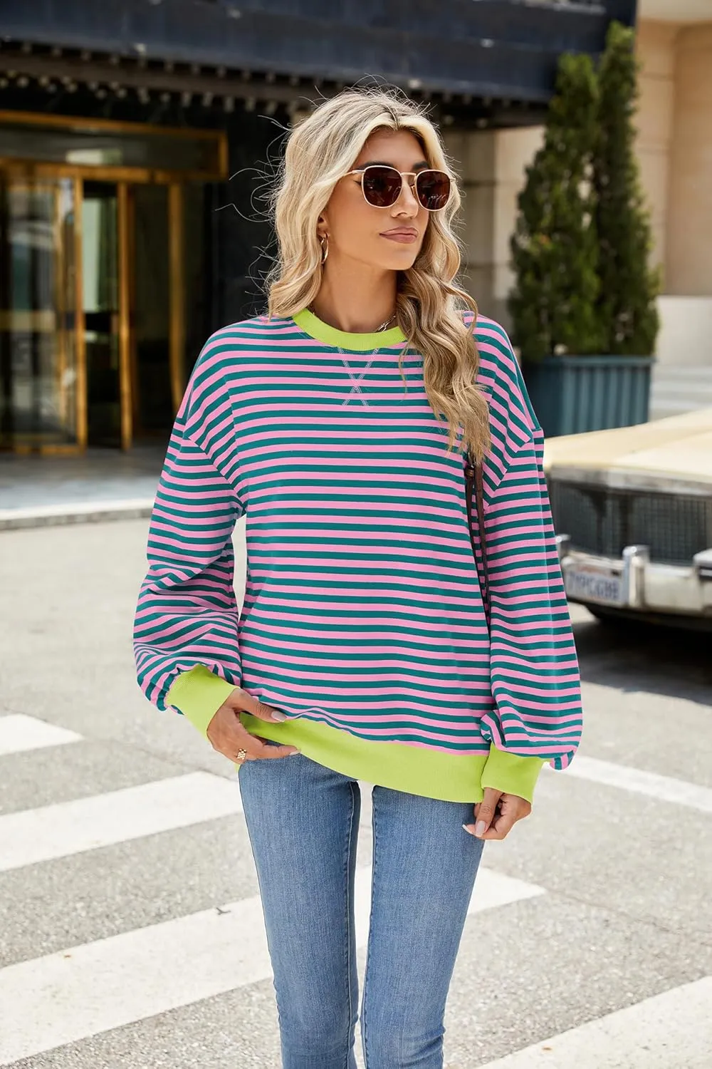 Lopie Women Sweatshirt Striped Long Sleeve Crew Neck Casual Loose Lightweight Comfy Pullover Shirt Tops