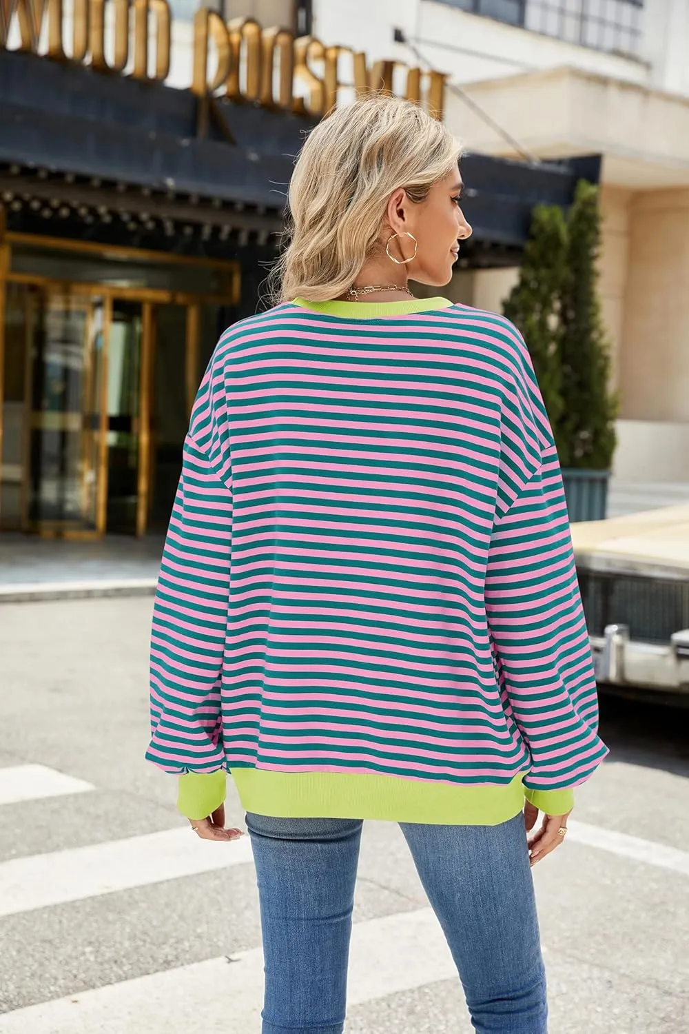 Lopie Women Sweatshirt Striped Long Sleeve Crew Neck Casual Loose Lightweight Comfy Pullover Shirt Tops